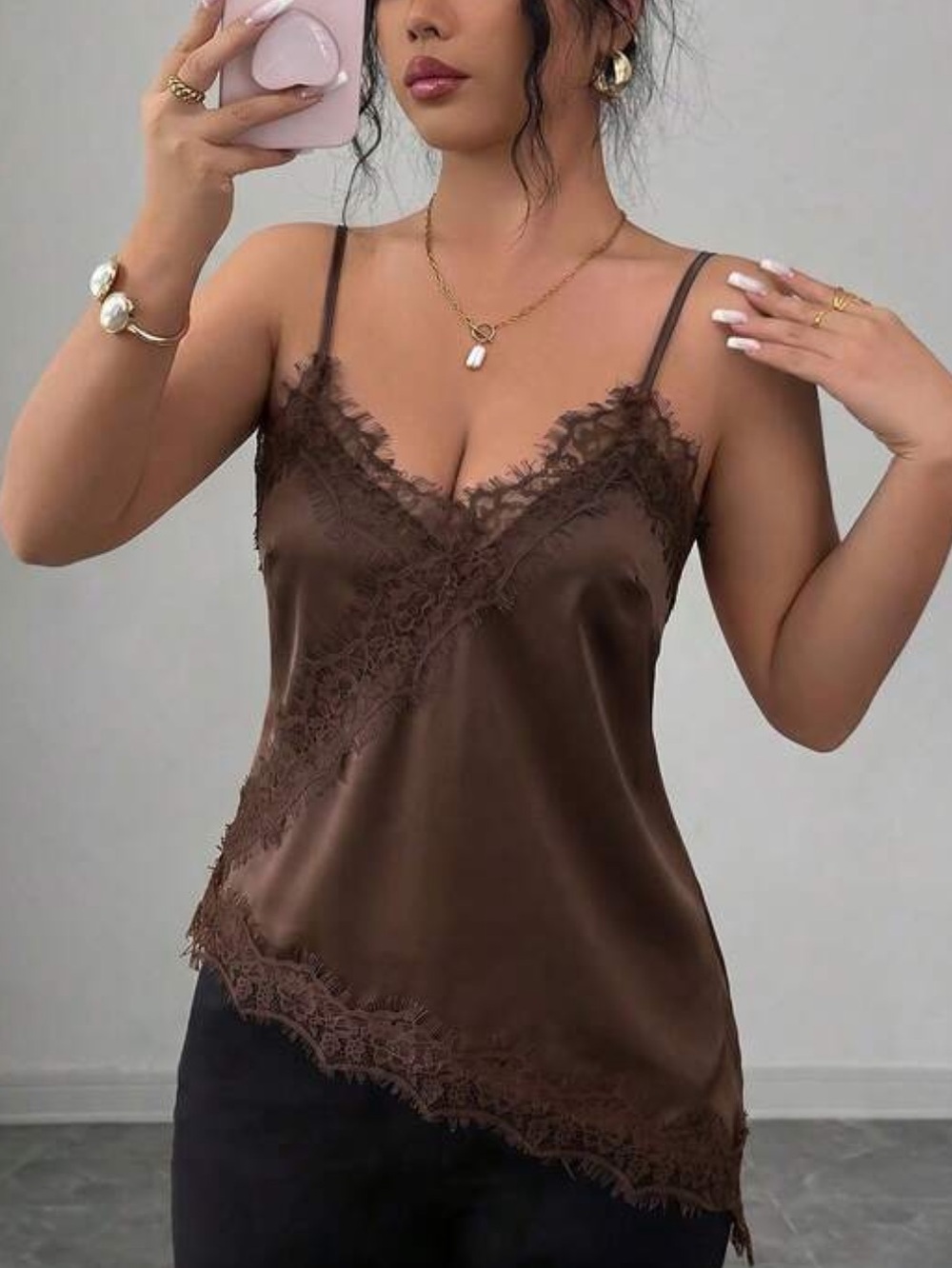 Lace Trim Satin Cami Top - Brown
